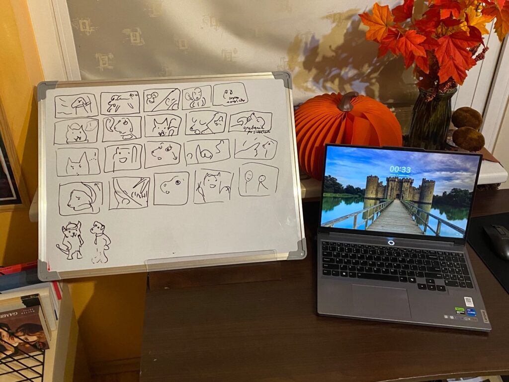 Kompletny storyboard animacji AI dla Pufek - sekwencja 12 klatek przedstawiających scenariusz historii Ari od sceny domowej przez spotkanie z Drużyną Pufka do finałowego ujęcia grupowego