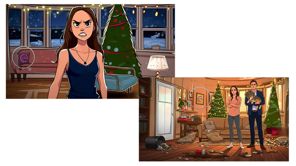 Finalne sceny z animacji AI dla Pufek - dwa ujęcia świątecznego wnętrza mieszkania z postaciami właścicieli Ari, kobieta w granatowej sukience i mężczyzna w marynarce