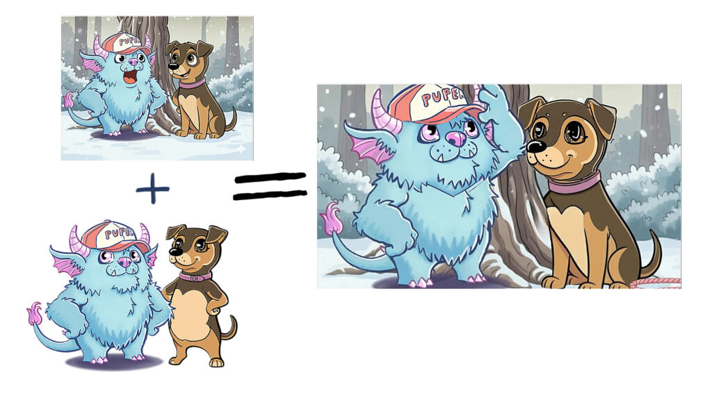 Proces łączenia elementów w animacji AI - diagram pokazujący jak z dwóch osobnych ujęć postaci Pufka i Ari powstaje finalna scena zimowego lasu z obiema postaciami razem