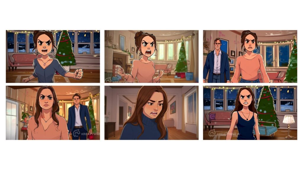 Storyboard animacji AI dla Pufek - sześć wariantów wygenerowanej sceny z postacią Ari w mieszkaniu z choinką, pokazujący iteracje procesu twórczego