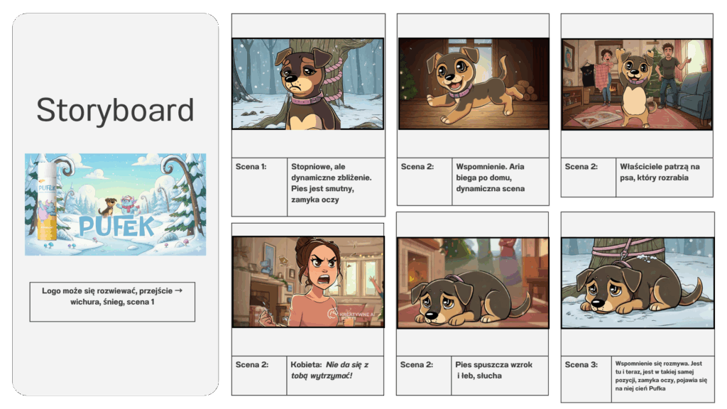 Storyboard animacji Pufek z opisami scen - tablica planowania zawierająca logo Pufek, sześć klatek ilustracyjnych przedstawiających psa Arię w różnych scenach oraz tekstowe opisy akcji dla każdej sceny