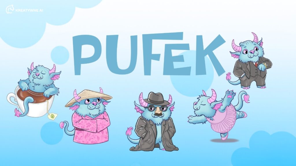 Grafika wprowadzająca animacji AI dla marki Pufek - pięć niebieskich postaci maskotki w różnych strojach na jasnoniebieskim tle z logo Pufek