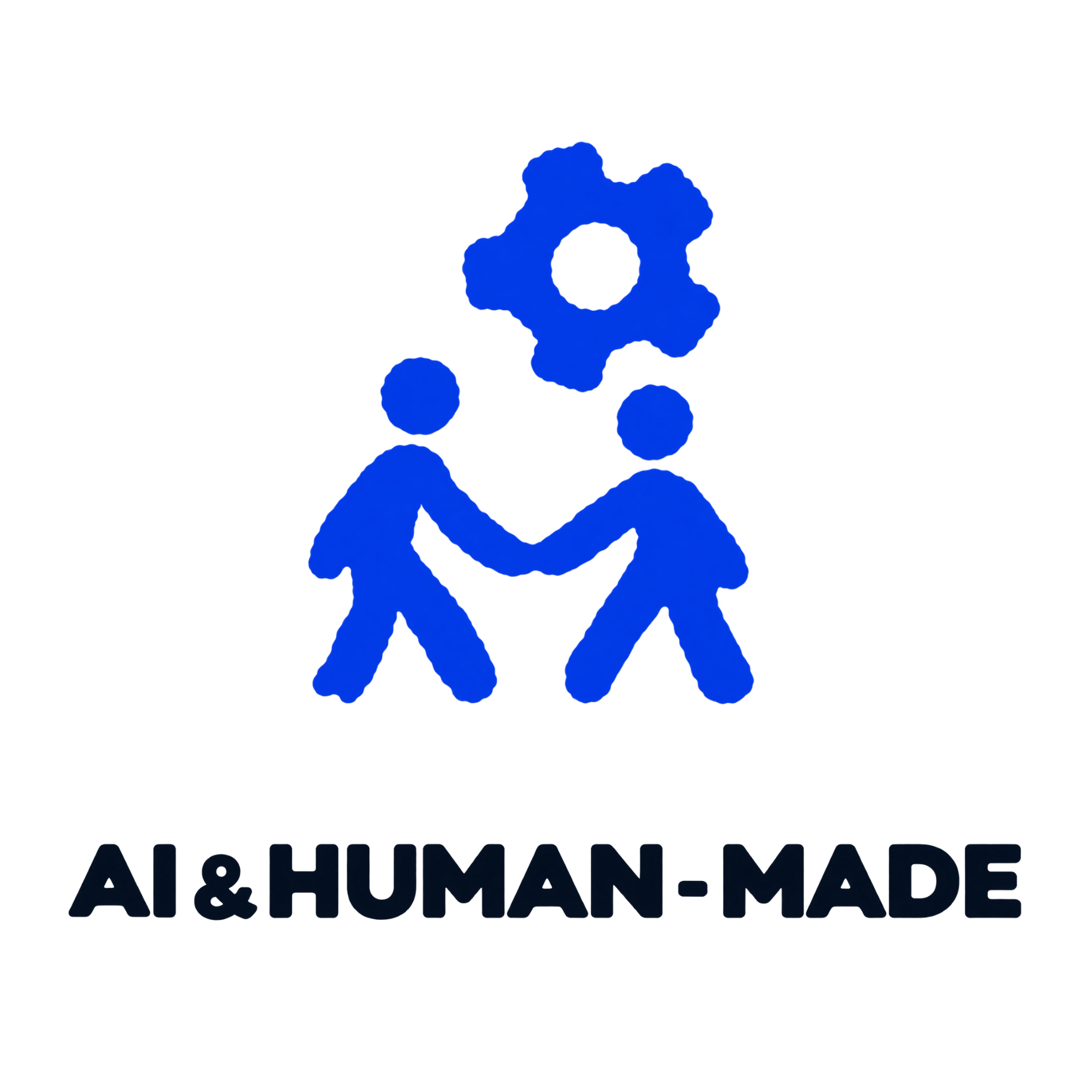 Pieczątka AI & HUMAN-MADE - dwie kobaltowe postacie podające sobie ręce, nad nimi zębate koło, pod spodem czarny napis AI & HUMAN-MADE