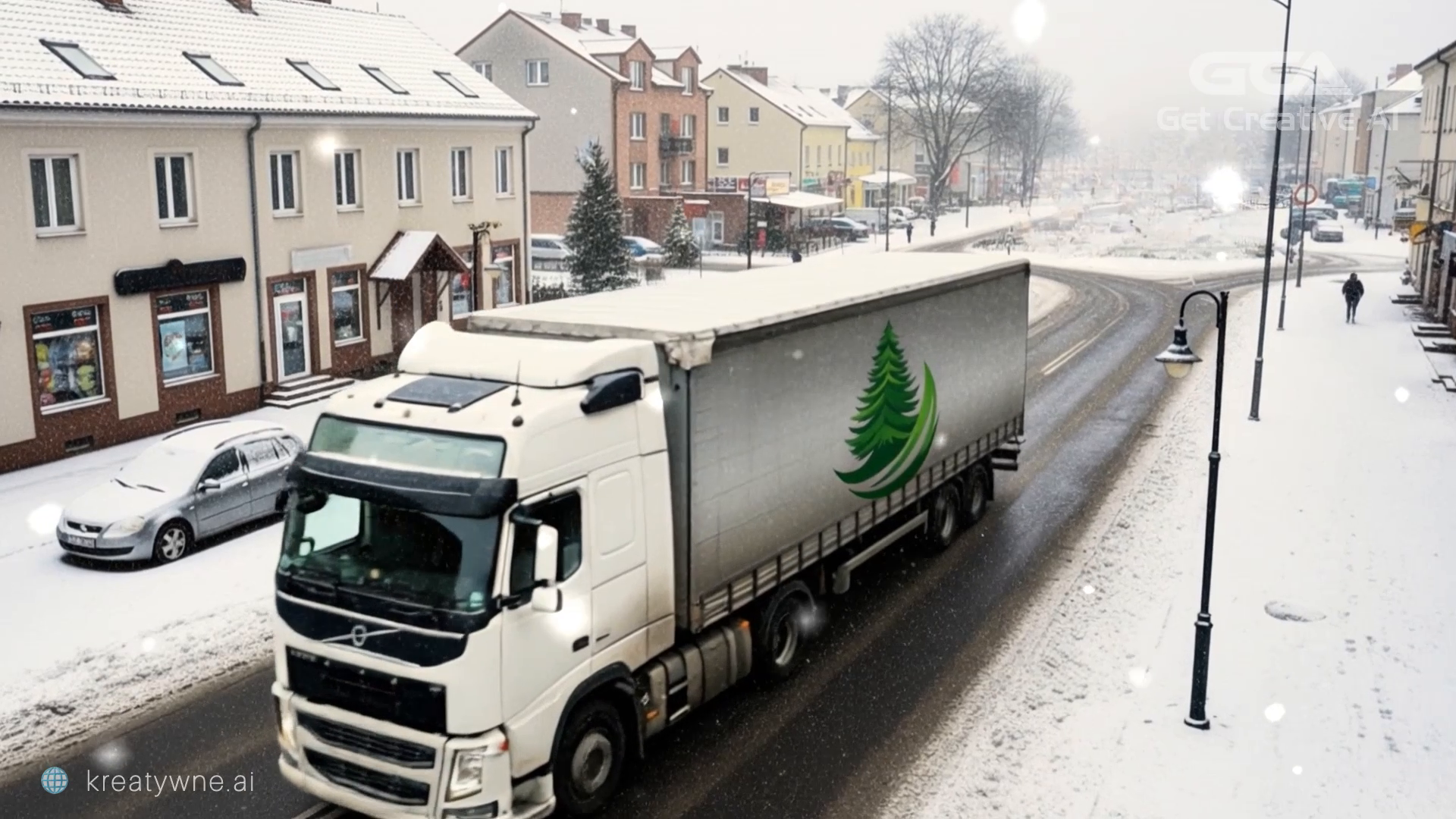 Kadr z reklamy AI - biała ciężarówka z logo zielonej choinki na naczepie jedzie zaśnieżoną ulicą małego miasta, po bokach kamienice i latarnie