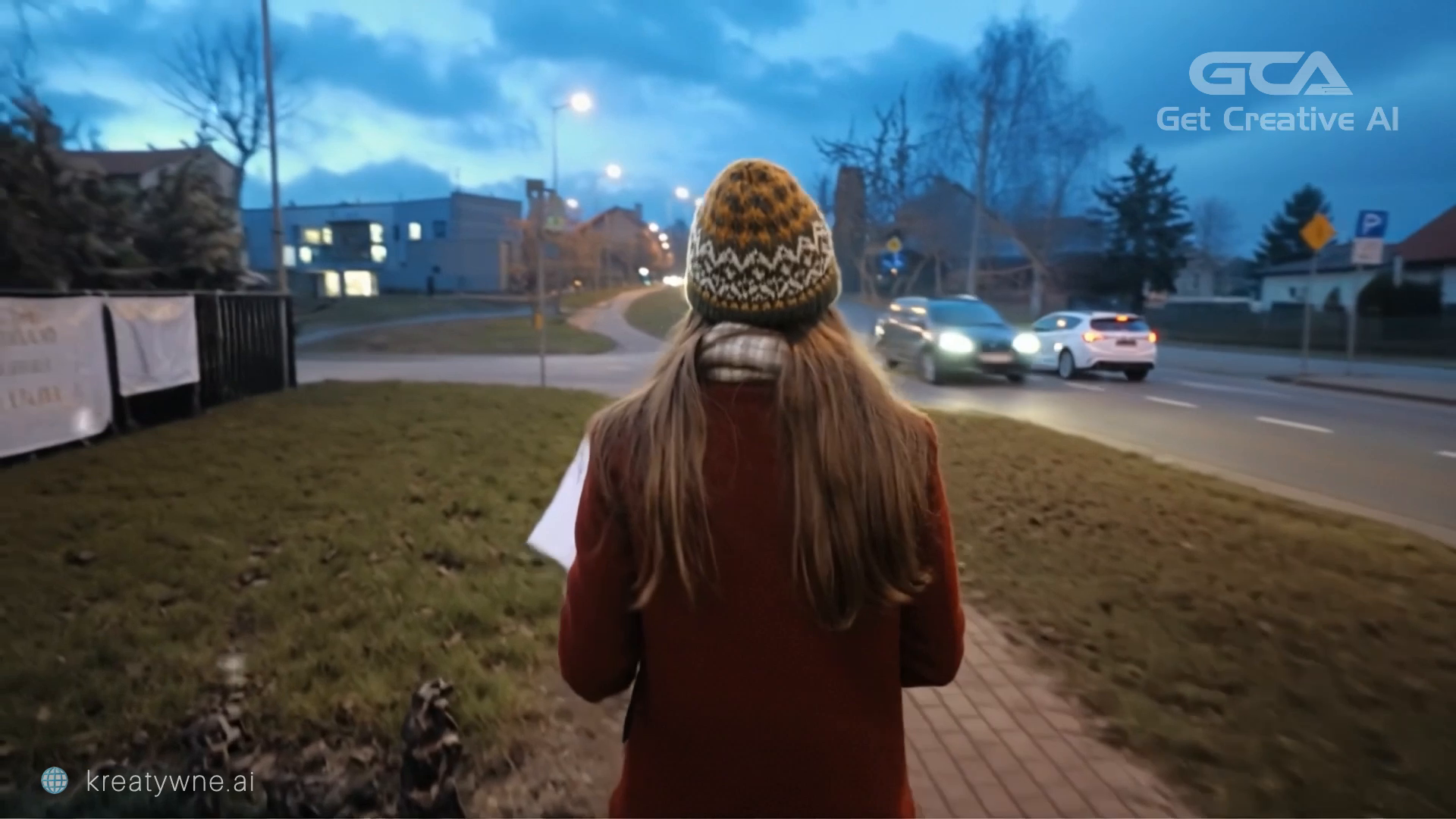 Kadr z reklamy AI - uśmiechnięta dziewczyna w wełnianej czapce i bordowym płaszczu stoi przy tablicy z napisem SPRZEDAŻ CHOINEK, trzyma w dłoniach białą kartkę