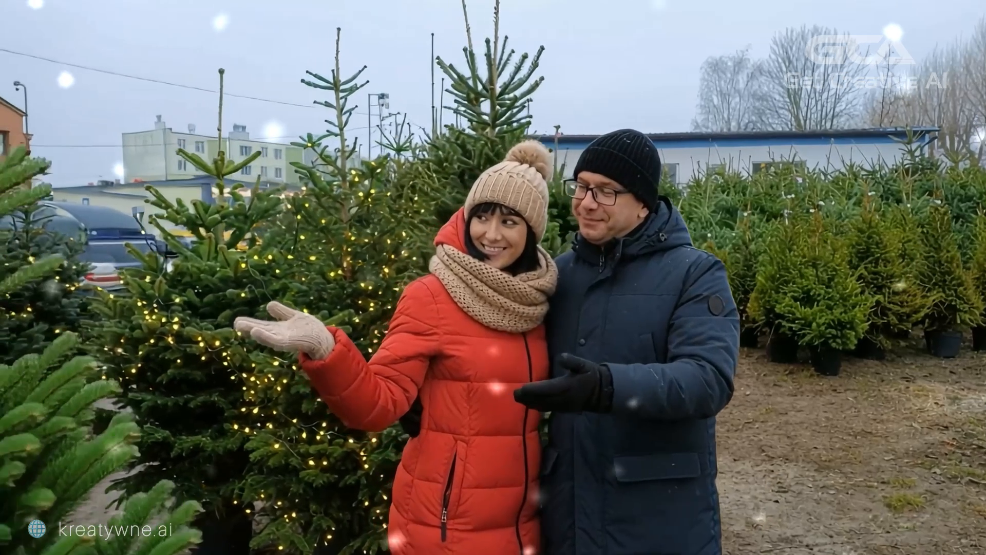 Kadr z reklamy AI - para właścicieli w zimowych kurtkach stoi na placu z choinkami, kobieta w czerwonej kurtce wskazuje na rozświetlone lampkami drzewko, obok mężczyzna w granatowej kurtce