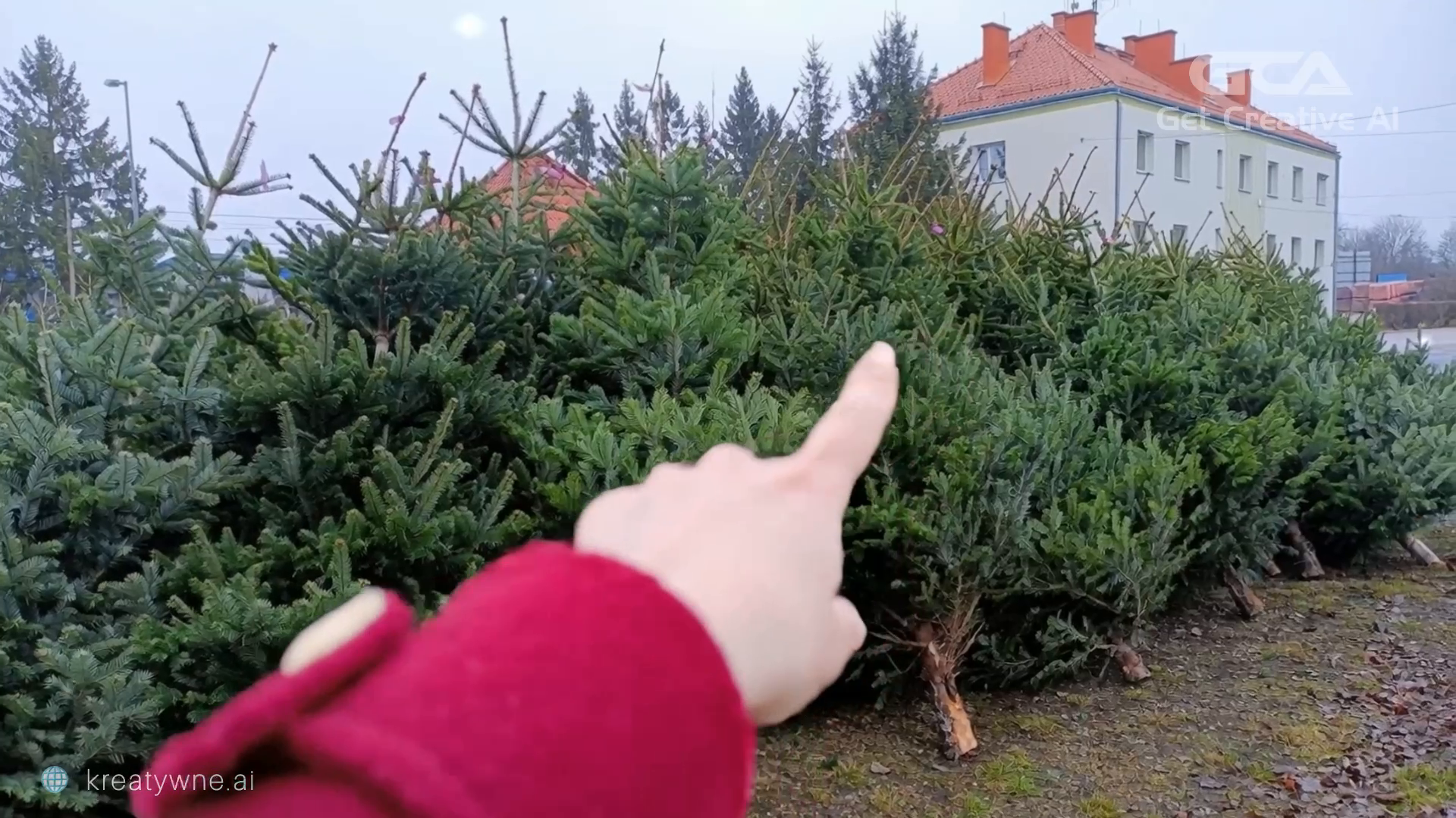 Kadr z reklamy AI - dłoń w czerwonym rękawie wskazuje na gęste gałęzie jodły ustawionej na placu sprzedaży, w tle budynek z czerwonym dachem