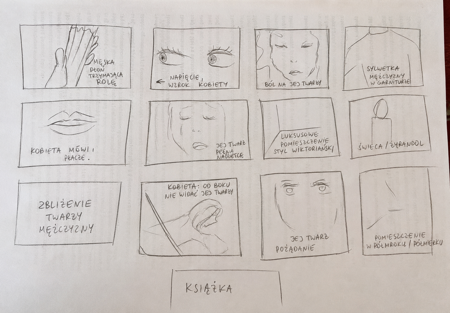 Dopracowany szkic storyboardu - dwanaście kadrów z podpisami: męska dłoń trzymająca rózgę, napięcie i wzrok kobiety, ból na jej twarzy, sylwetka mężczyzny w garniturze, luksusowe pomieszczenie w stylu wiktoriańskim, świeca, na dole kadr z napisem KSIĄŻKA