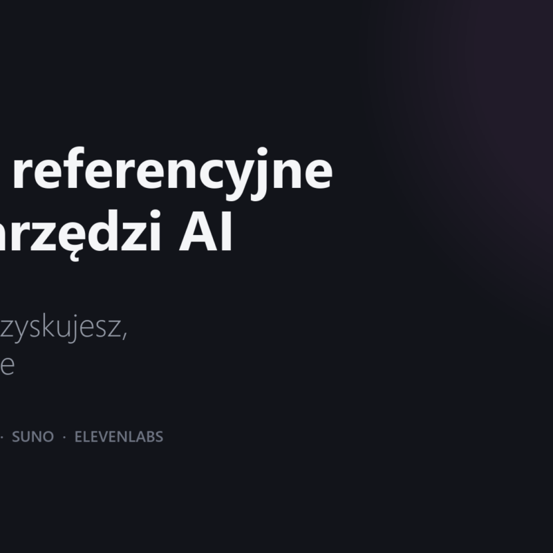 Okładka wpisu - na ciemnym tle biały napis „Kody referencyjne do narzędzi AI”, pod nim różowa kreska i podtytuł „co realnie zyskujesz, a czego nie”, niżej nazwy narzędzi: Kling, Runway, Suno, ElevenLabs