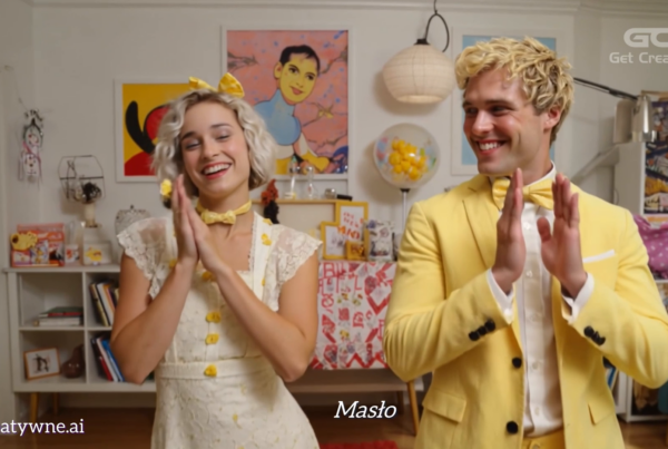 Kadr z teledysku AI Masło - roześmiana para tańczy w kolorowym pokoju, kobieta w białej sukience z żółtą kokardą, mężczyzna w żółtym garniturze z muszką, w tle plakaty w stylu pop-art